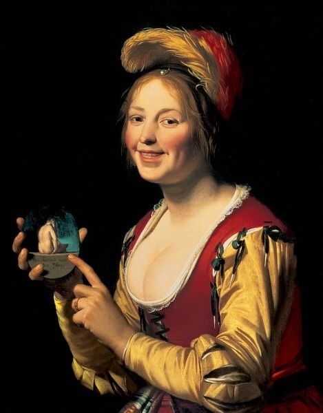 “Smiling Girl, a Courtesan, Holding an Obscene Image” by Gerard van Honthorst.jpg