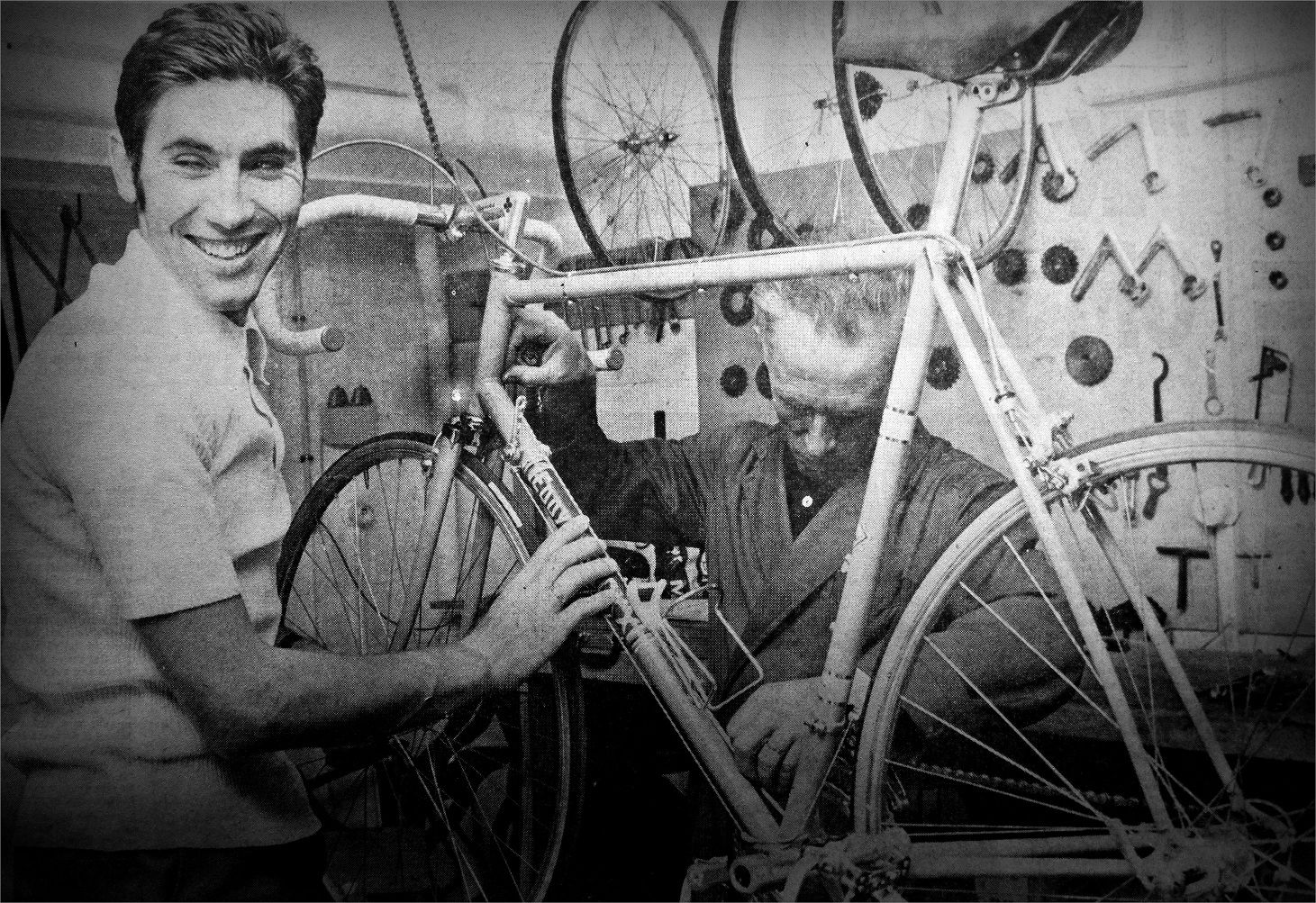 1972 Bicycle Workshop A smiling EDDY MERCKX with his mechanic - the Pope of Mechanics - Charle...jpg
