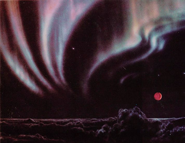 Auroras glow above Jupiter and moon, 1981 Ron Miller.jpg