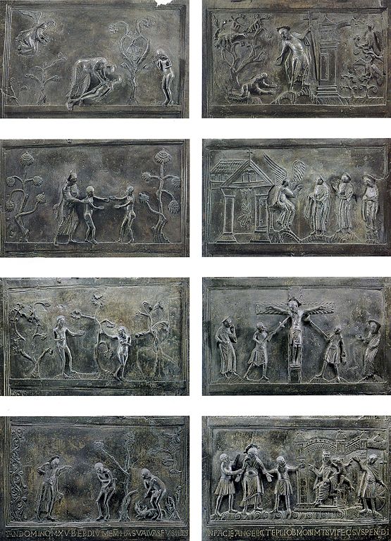 bronzetür St. Michael Hildesheim, Reliefs obere Hälfte.jpeg
