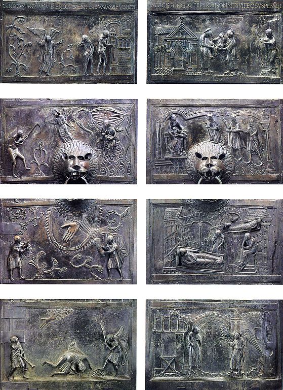 bronzetür St. Michael Hildesheim, Reliefs untere Hälfte.jpeg