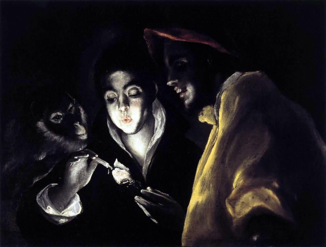 El Greco - Allegory, Boy Lighting Candle in Company of Ape and Fool (Fábula).JPG