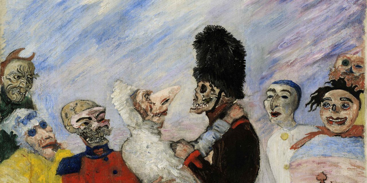 James Ensor - Skeleton stopping masks (Squelette arrêtant masques).jpg