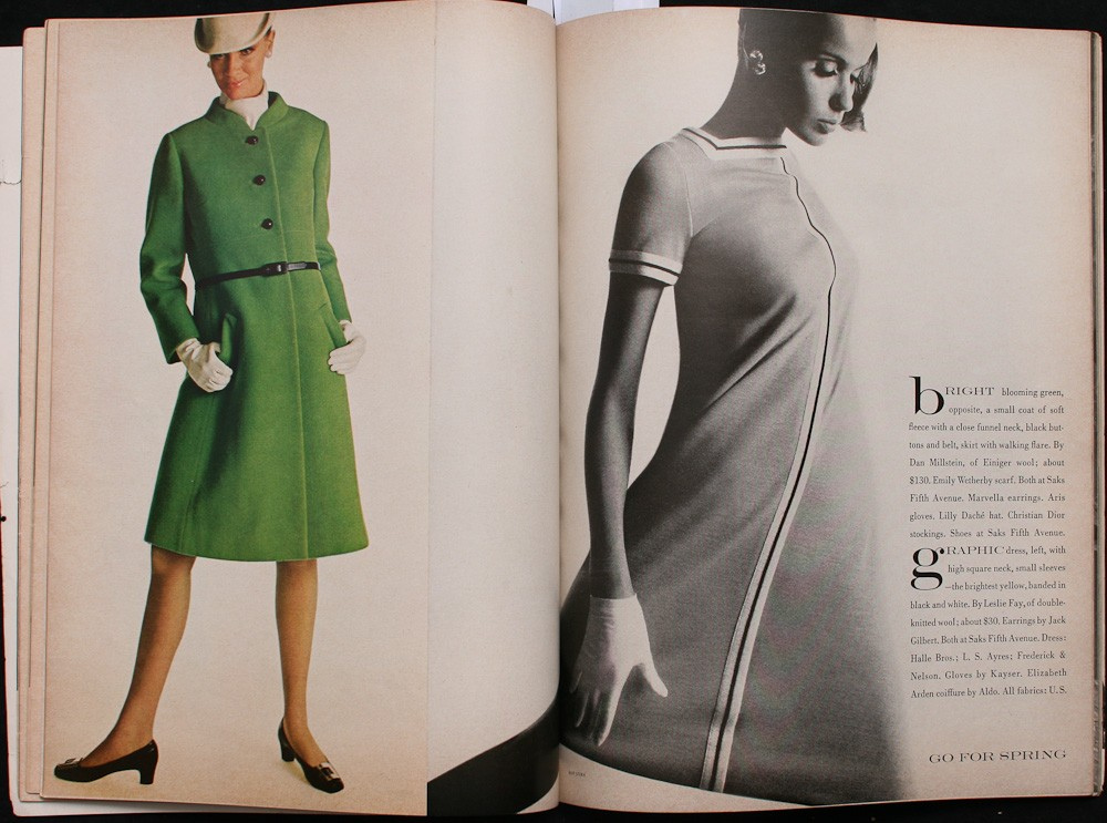 Veruschka on right wears creations of Originala and Leslie Fay, Vogue, January 1966.jpg